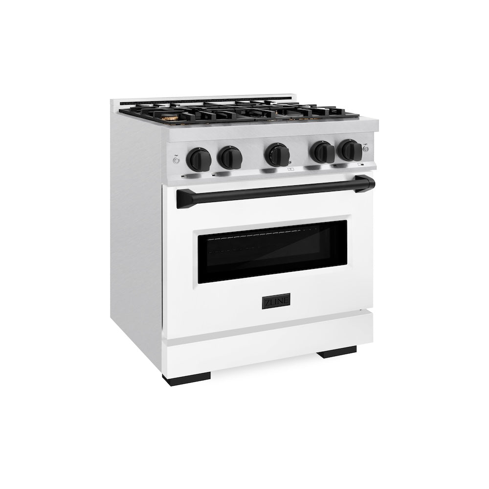 ZLINE Autograph Edition Classic 30-inch range in satin stainless steel with white matte door and matte black accents CDRSZ-WM-30-MB
