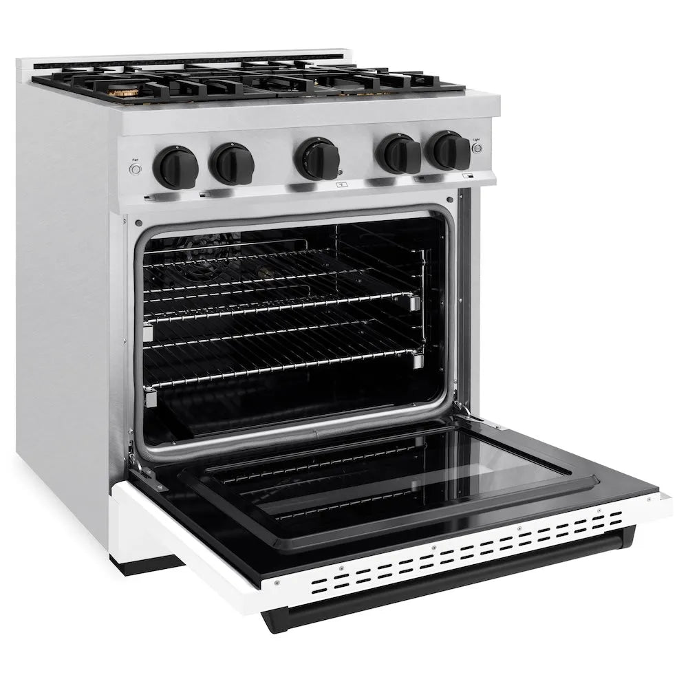ZLINE Autograph Edition Classic 30-inch range in satin stainless steel with white matte door and matte black accents CDRSZ-WM-30-MB, door open