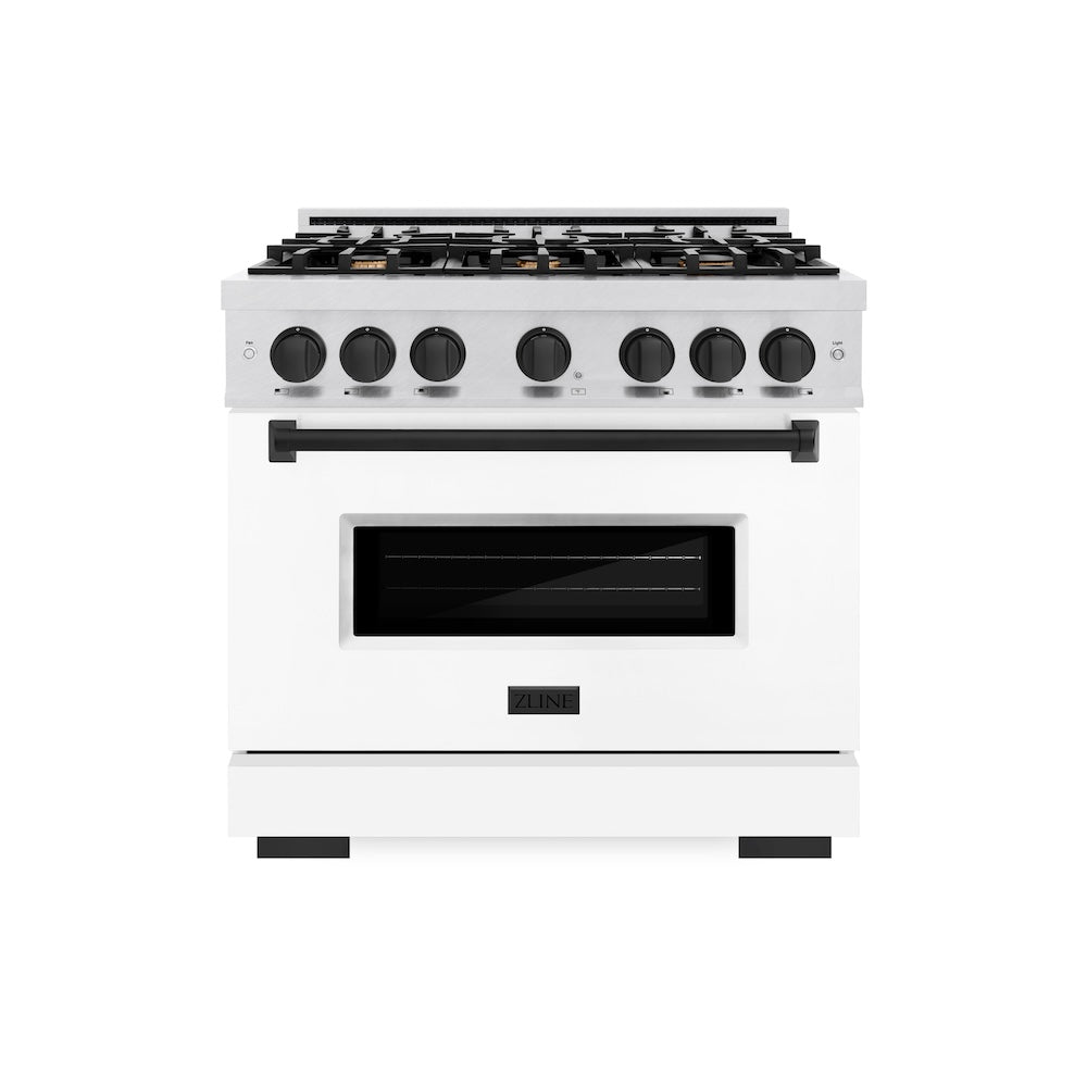 ZLINE Autograph Edition Classic 36-inch range in satin stainless steel with white matte door and matte black accents CDRSZ-WM-36-MB, front view