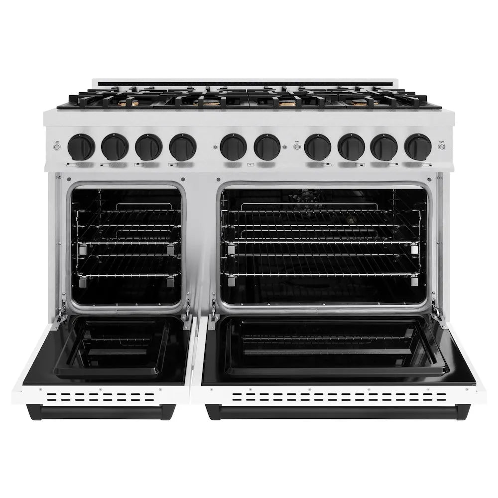 ZLINE Autograph Edition Classic 48-inch range in satin stainless steel with white matte door and matte black accents CDRSZ-WM-48-MB, front view