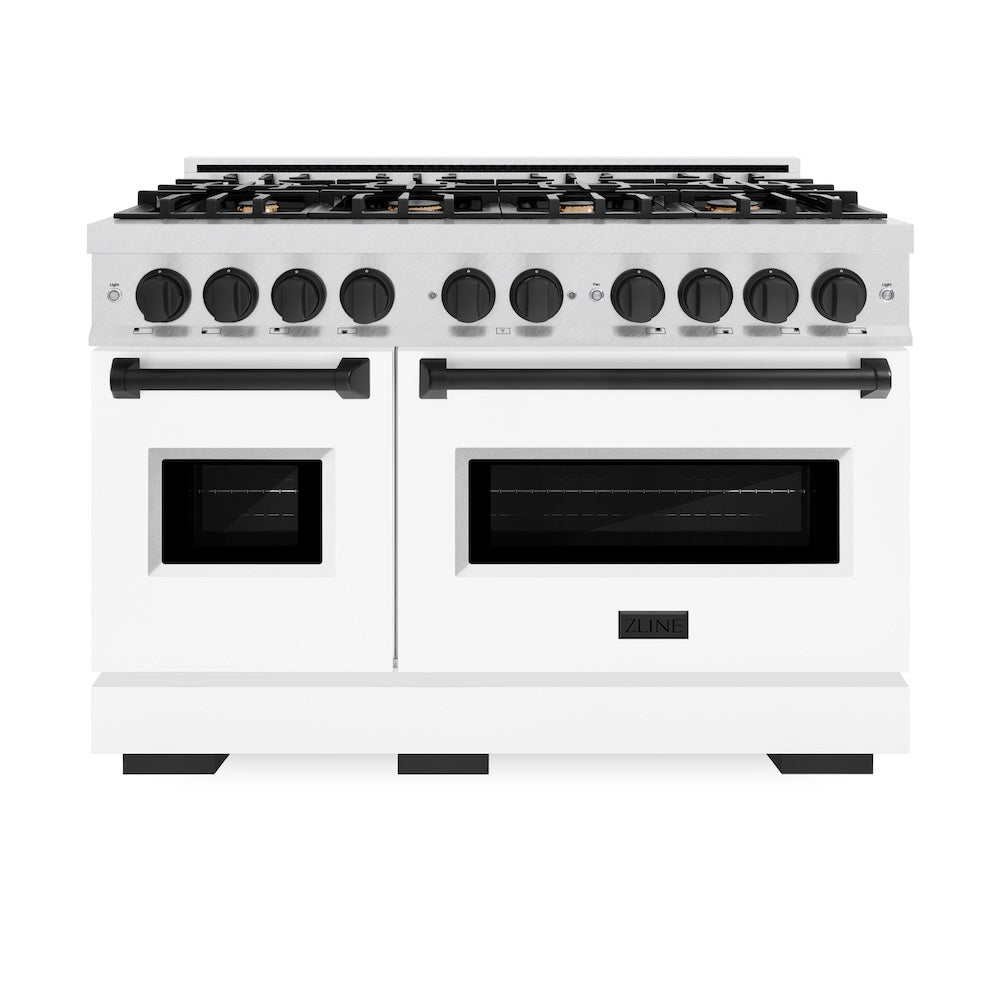 ZLINE Autograph Edition Classic 48-inch range in satin stainless steel with white matte door and matte black accents CDRSZ-WM-48-MB, front view