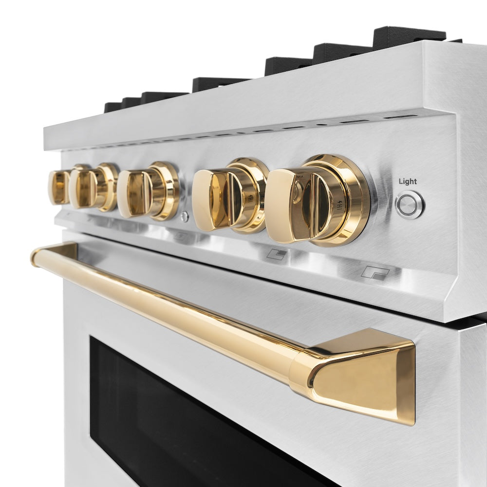 ZLINE Autograph Edition Classic 30-inch range in satin stainless steel and polished gold accents CDRSZ-30-G, detail