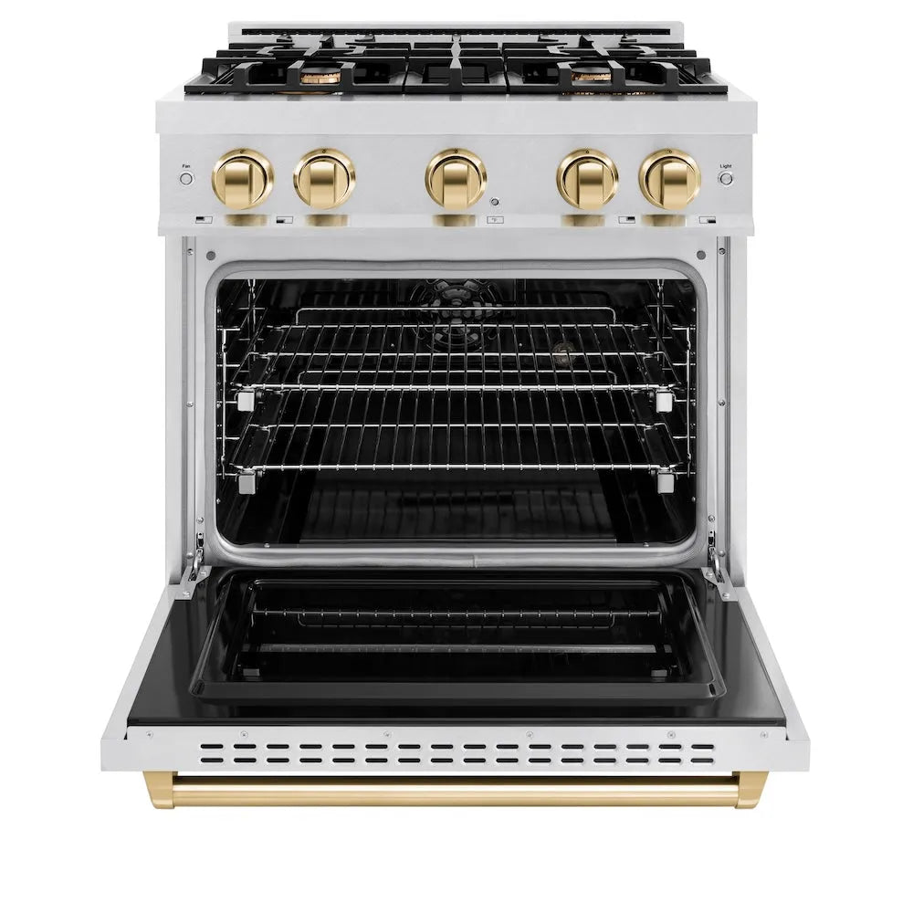 ZLINE Autograph Edition Classic 30-inch range in satin stainless steel and polished gold accents CDRSZ-30-G, front view