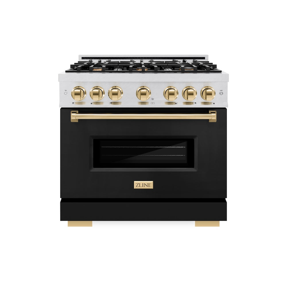ZLINE Autograph Edition Classic 36-inch range in satin stainless steel and polished gold accents CDRSZ-36-G, front view