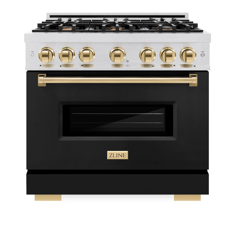 ZLINE Autograph Edition Classic 36-inch range in satin stainless steel and polished gold accents CDRSZ-36-G, front view