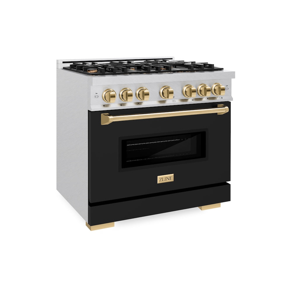 ZLINE Autograph Edition Classic 36-inch range in satin stainless steel and polished gold accents CDRSZ-36-G