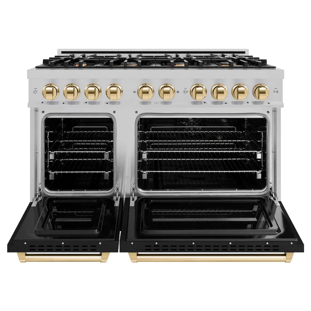ZLINE Autograph Edition Classic 48-inch range in satin stainless steel with black matte door and polished gold accents CDRSZ-BLM-48-G, front view