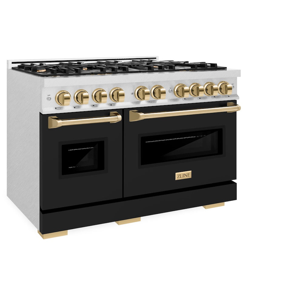 ZLINE Autograph Edition Classic 48-inch range in satin stainless steel with black matte door and polished gold accents CDRSZ-BLM-48-G, view 5