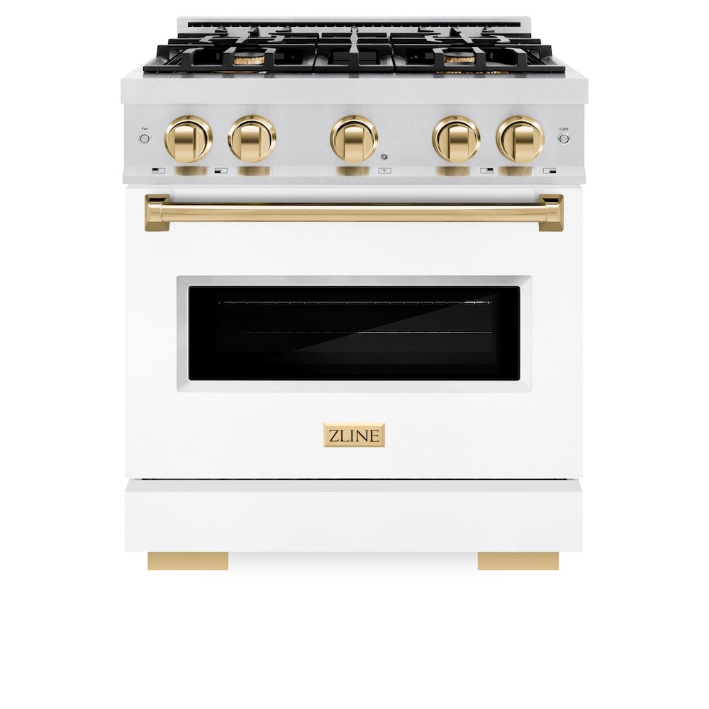 ZLINE Autograph Edition Classic 30-inch range in satin stainless steel with white matte door and polished gold accents CDRSZ-WM-30-G, front view