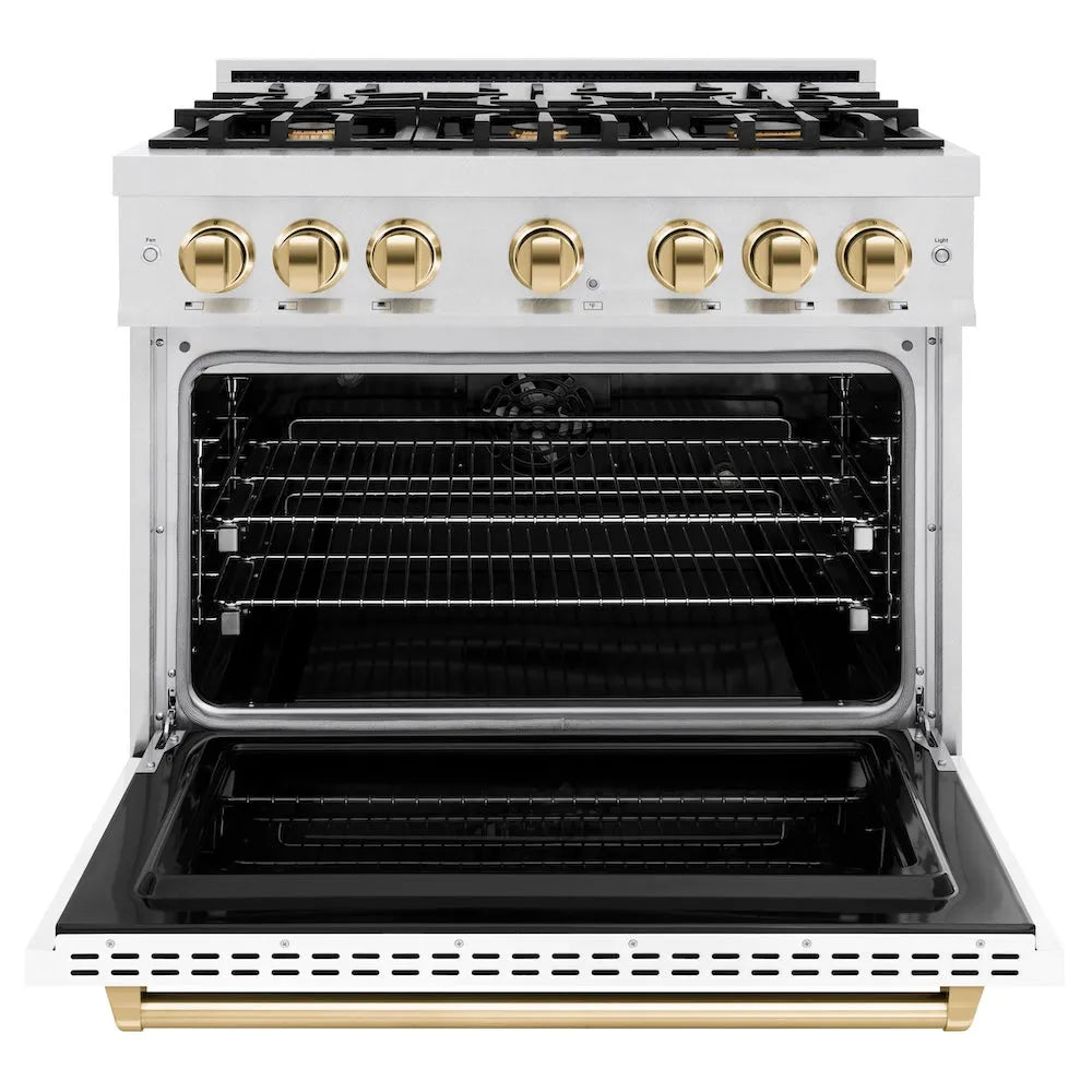 ZLINE Autograph Edition Classic 36-inch range in satin stainless steel with white matte door and polished gold accents CDRSZ-WM-36-G, front view