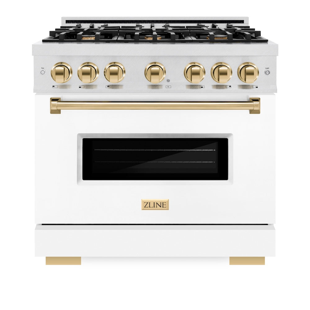 ZLINE Autograph Edition Classic 36-inch range in satin stainless steel with white matte door and polished gold accents CDRSZ-WM-36-G, front view