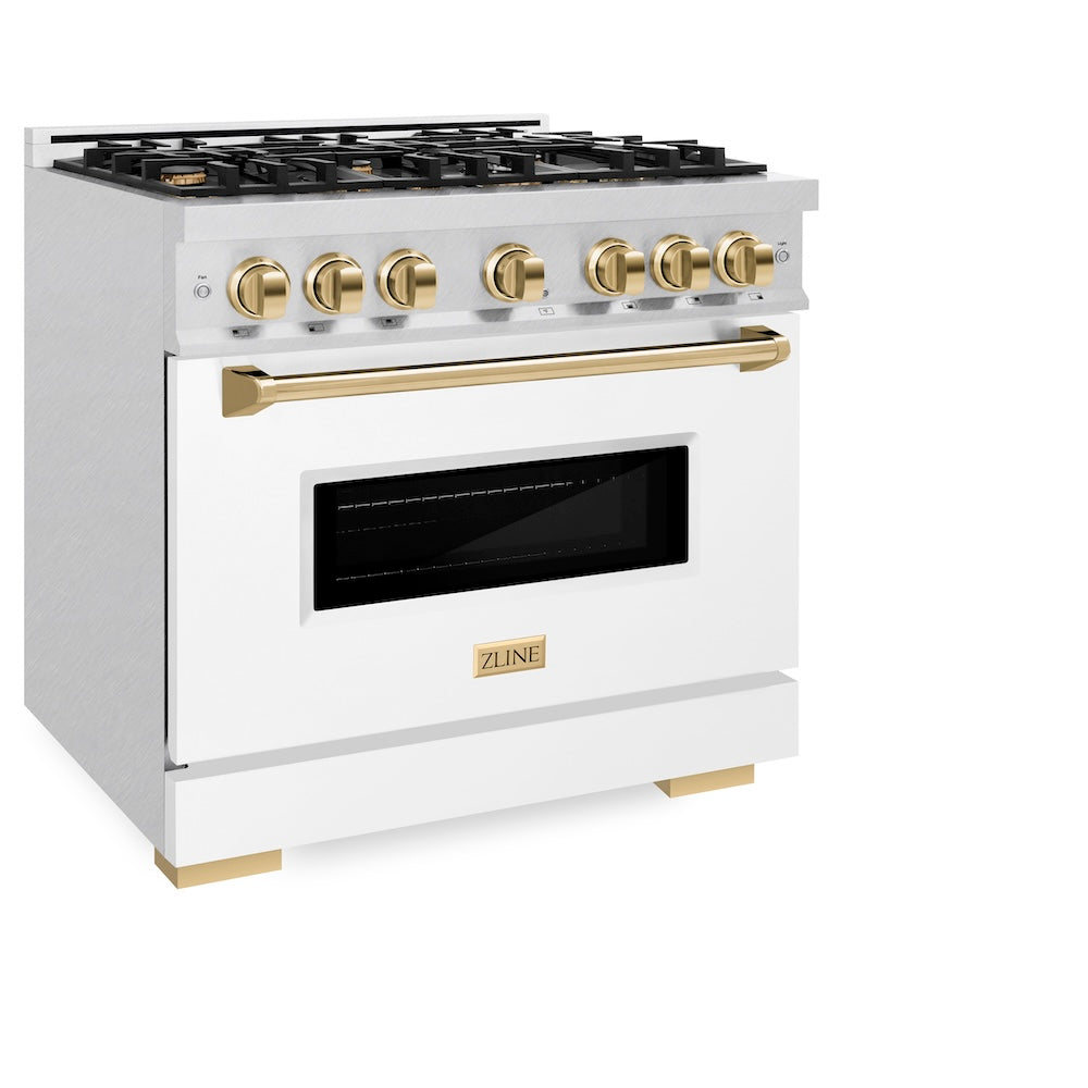 ZLINE Autograph Edition Classic 36-inch range in satin stainless steel with white matte door and polished gold accents CDRSZ-WM-36-G, view 3