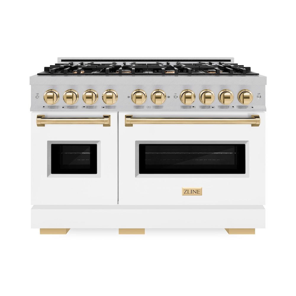 ZLINE Autograph Edition Classic 48-inch range in satin stainless steel with white matte door and polished gold accents CDRSZ-WM-48-G, front view