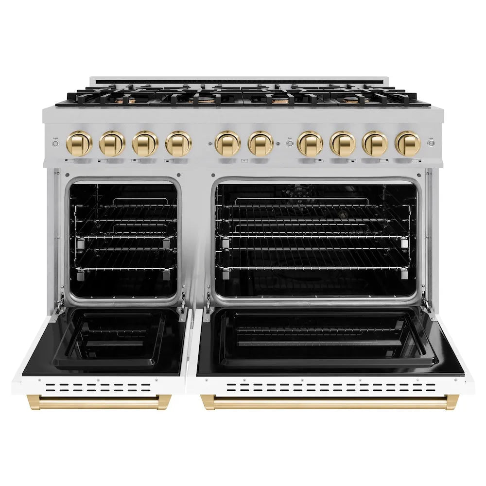 ZLINE Autograph Edition Classic 48-inch range in satin stainless steel with white matte door and polished gold accents CDRSZ-WM-48-G, front view