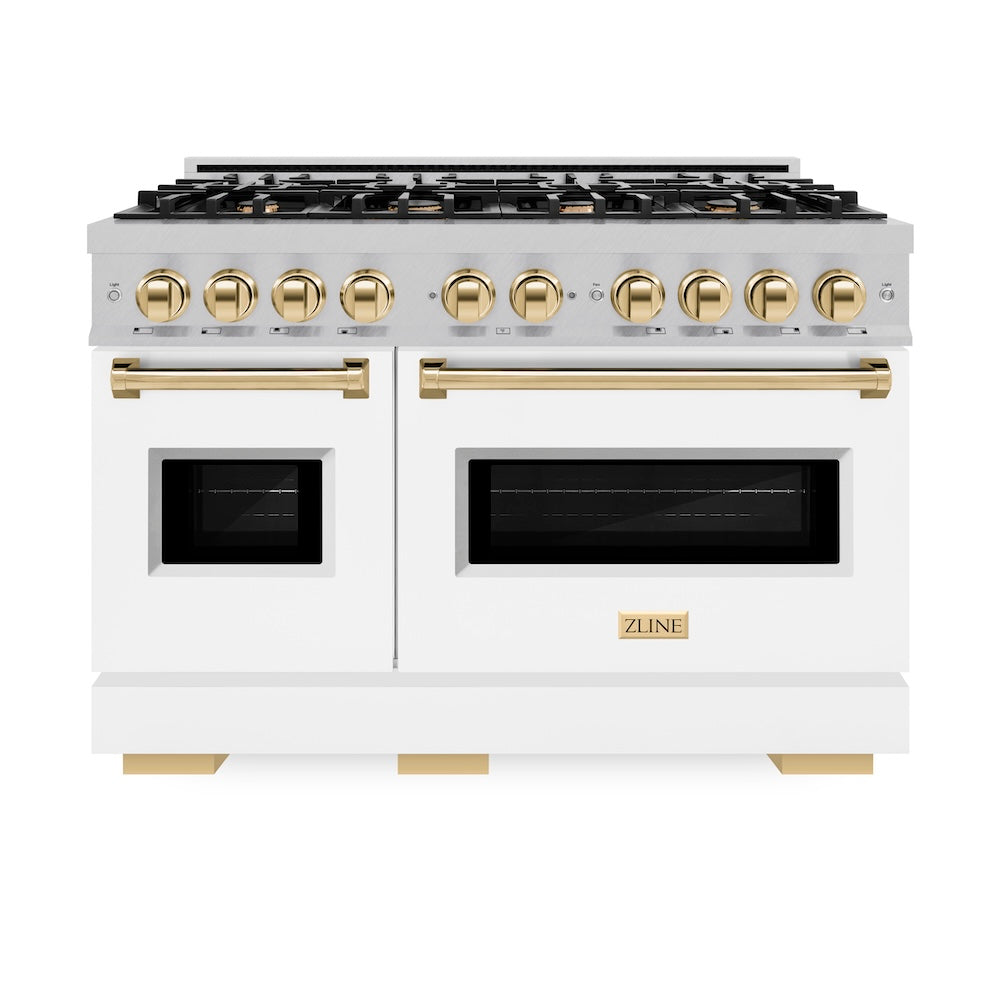 ZLINE Autograph Edition Classic 48-inch range in satin stainless steel with white matte door and polished gold accents CDRSZ-WM-48-G, front view