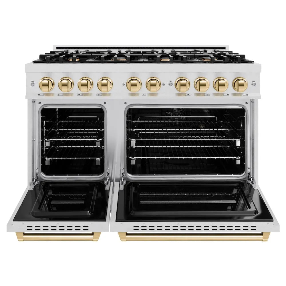 ZLINE Autograph Edition Classic 48-inch range in satin stainless steel and polished gold accents CDRSZ-48-G, front view