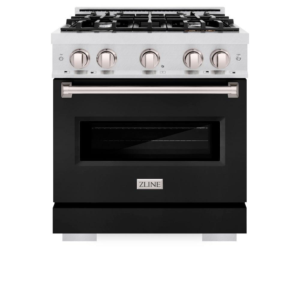 ZLINE Classic 30-inch range in satin stainless steel with black matte door CGRS-BLM-30, front view