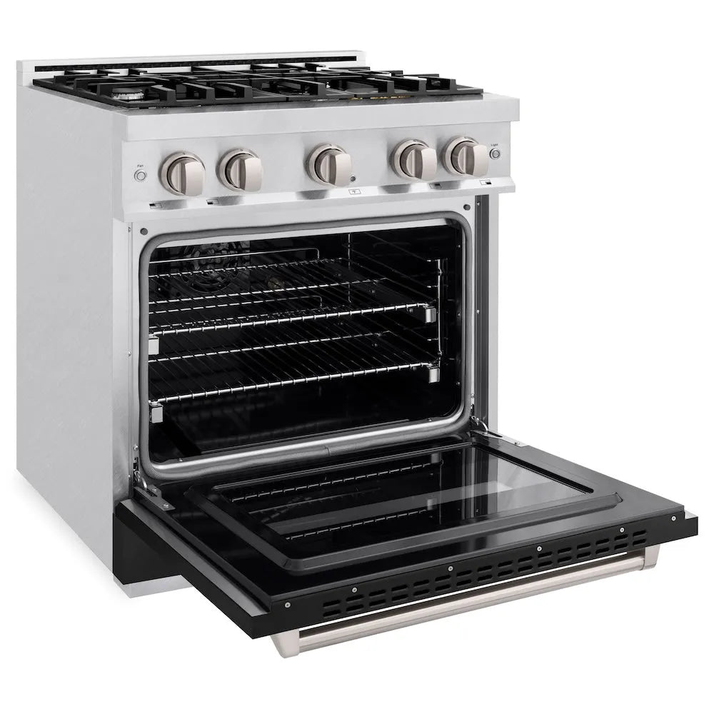 ZLINE Classic 30-inch range in satin stainless steel with black matte door CGRS-BLM-30, door open