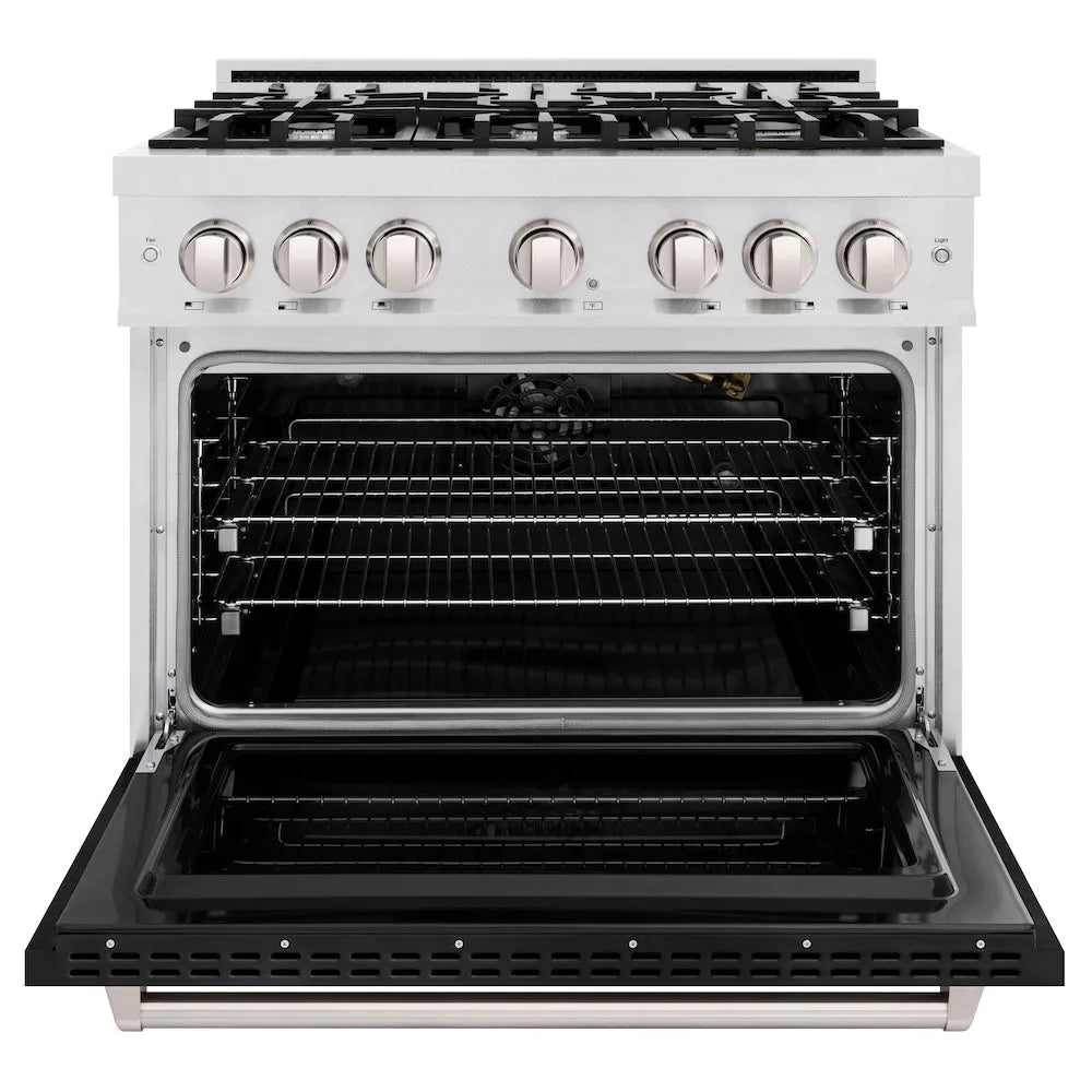 ZLINE Classic 36-inch range in satin stainless steel with black matte door CGRS-BLM-36, front view