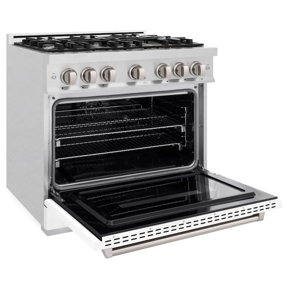 ZLINE Classic 36-inch range in satin stainless steel with white matte door CGRS-WM-36, door open