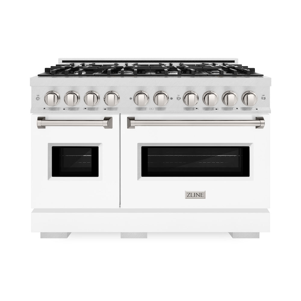 ZLINE Classic 48-inch range in satin stainless steel with white matte door CGRS-WM-48, front view