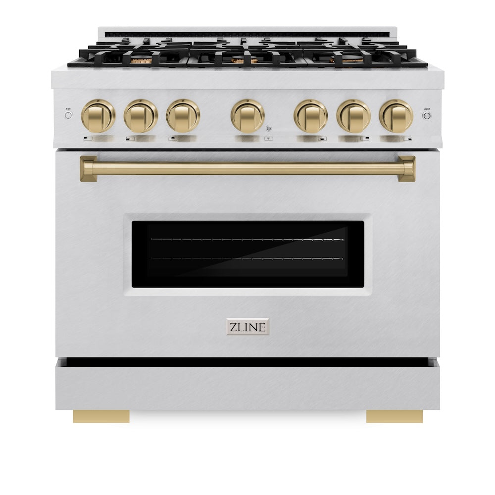 ZLINE Autograph Edition Classic 36-inch range in satin stainless steel and champagne bronze accents CGRSZ-36-CB, front view