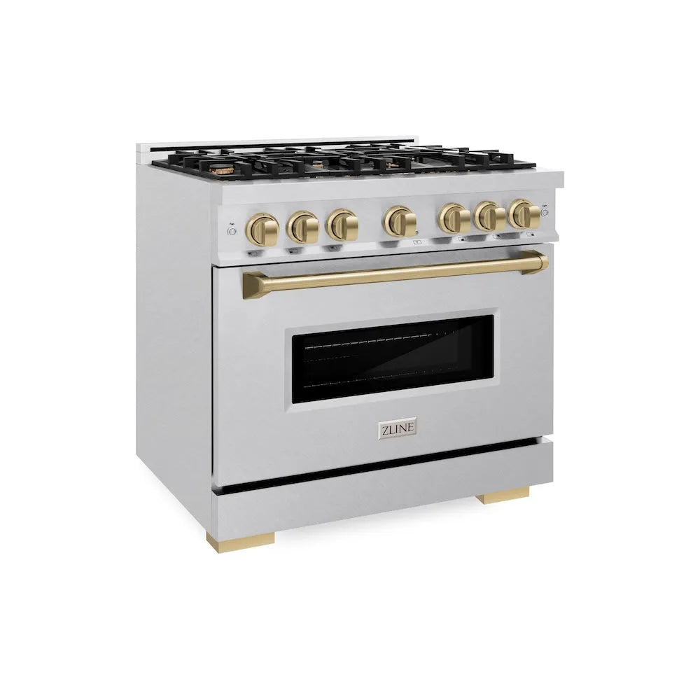 ZLINE Autograph Edition Classic 36-inch range in satin stainless steel and champagne bronze accents CGRSZ-36-CB