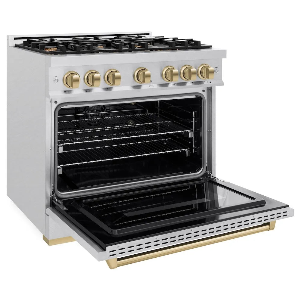 ZLINE Autograph Edition Classic 36-inch range in satin stainless steel and champagne bronze accents CGRSZ-36-CB, door open