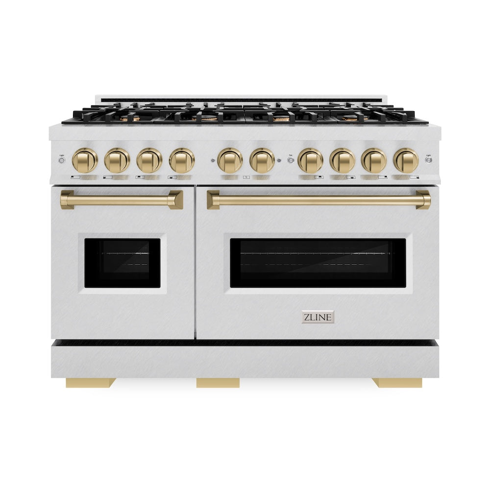 ZLINE Autograph Edition Classic 48-inch range in satin stainless steel and champagne bronze accents CGRSZ-48-CB, front view