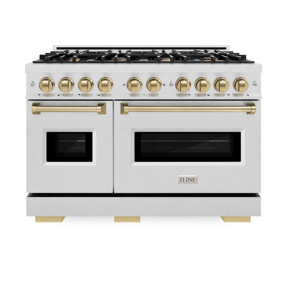 ZLINE Autograph Edition Classic 48-inch range in satin stainless steel and champagne bronze accents CGRSZ-48-CB, front view
