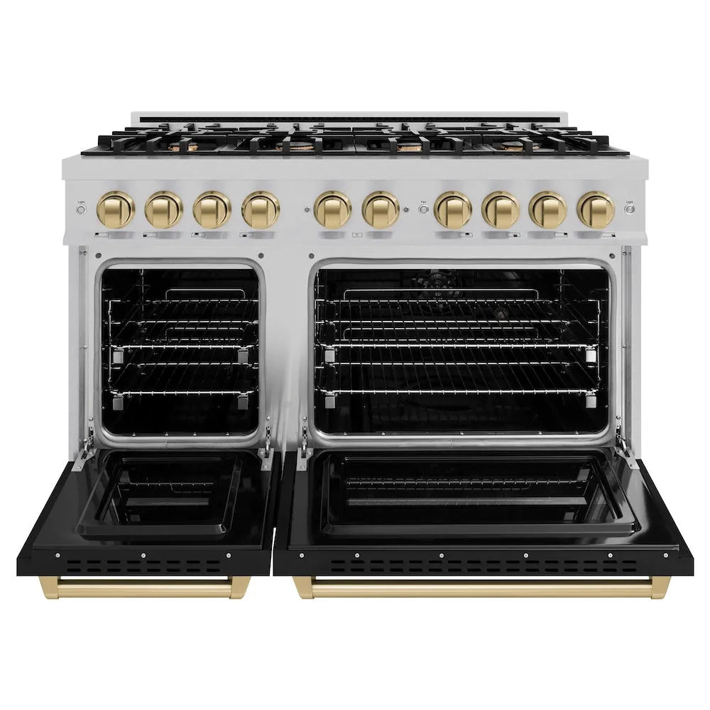 ZLINE Autograph Edition Classic 48-inch range in satin stainless steel with black matte door and champagne bronze accents CGRSZ-BLM-48-CB, front view