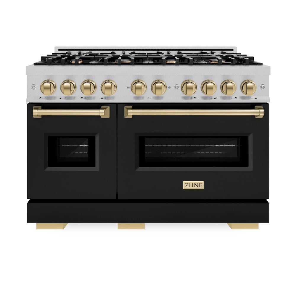 ZLINE Autograph Edition Classic 48-inch range in satin stainless steel with black matte door and champagne bronze accents CGRSZ-BLM-48-CB, front view