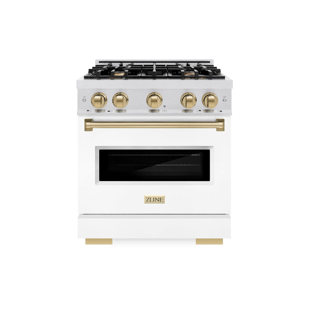 ZLINE Autograph Edition Classic 30-inch range in satin stainless steel with white matte door and champagne bronze accents CGRSZ-WM-30-CB, front view