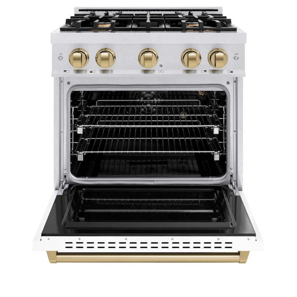 ZLINE Autograph Edition Classic 30-inch range in satin stainless steel with white matte door and champagne bronze accents CGRSZ-WM-30-CB, front view
