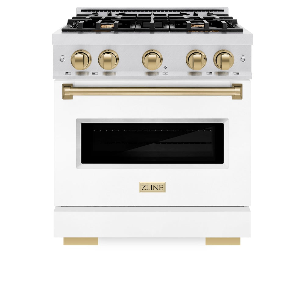 ZLINE Autograph Edition Classic 30-inch range in satin stainless steel with white matte door and champagne bronze accents CGRSZ-WM-30-CB, front view