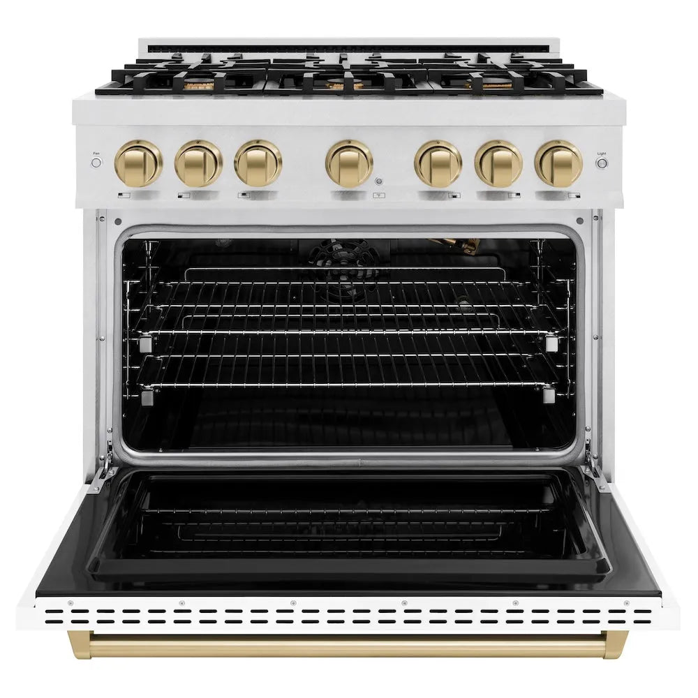 ZLINE Autograph Edition Classic 36-inch range in satin stainless steel with white matte door and champagne bronze accents CGRSZ-WM-36-CB, front view