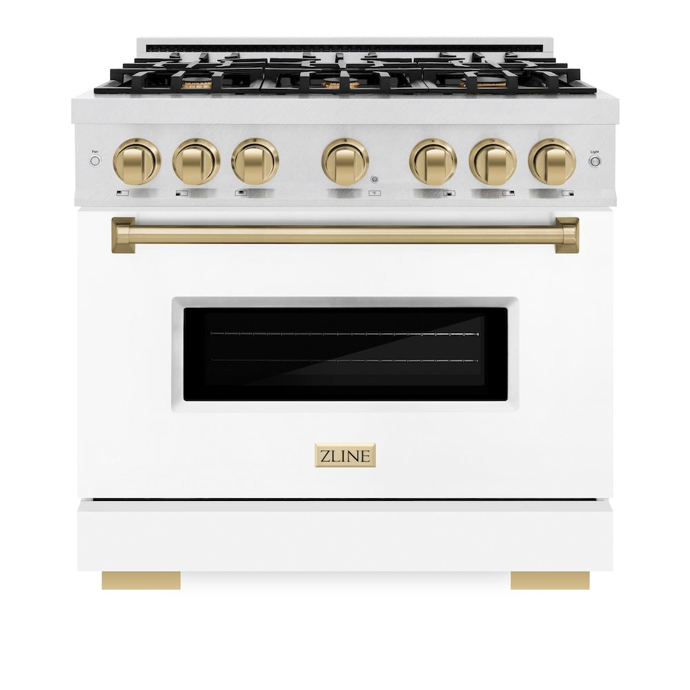 ZLINE Autograph Edition Classic 36-inch range in satin stainless steel with white matte door and champagne bronze accents CGRSZ-WM-36-CB, front view