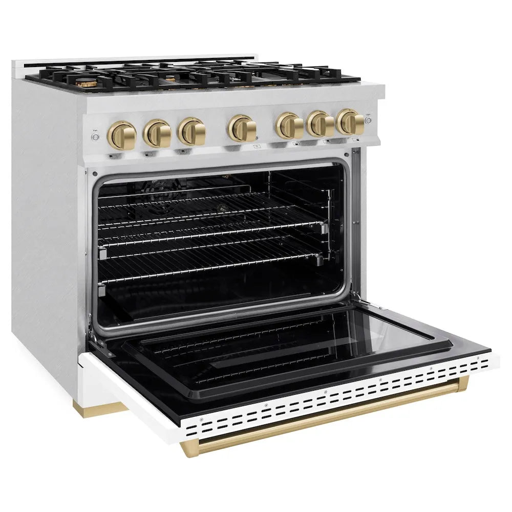 ZLINE Autograph Edition Classic 36-inch range in satin stainless steel with white matte door and champagne bronze accents CGRSZ-WM-36-CB, door open