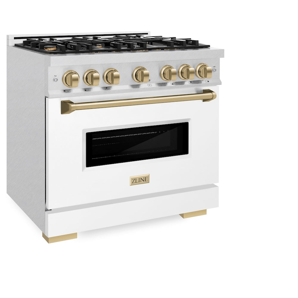 ZLINE Autograph Edition Classic 36-inch range in satin stainless steel with white matte door and champagne bronze accents CGRSZ-WM-36-CB, view 3