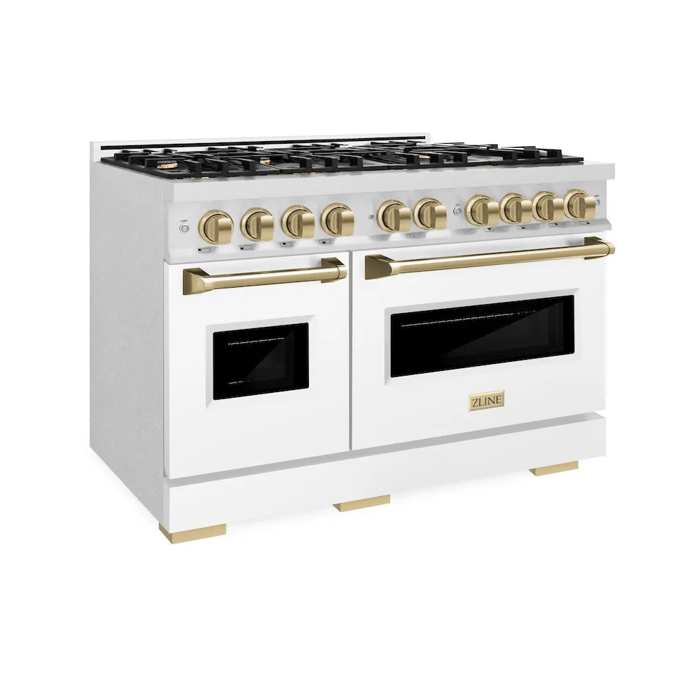 ZLINE Autograph Edition Classic 48-inch range in satin stainless steel with white matte door and champagne bronze accents CGRSZ-WM-48-CB