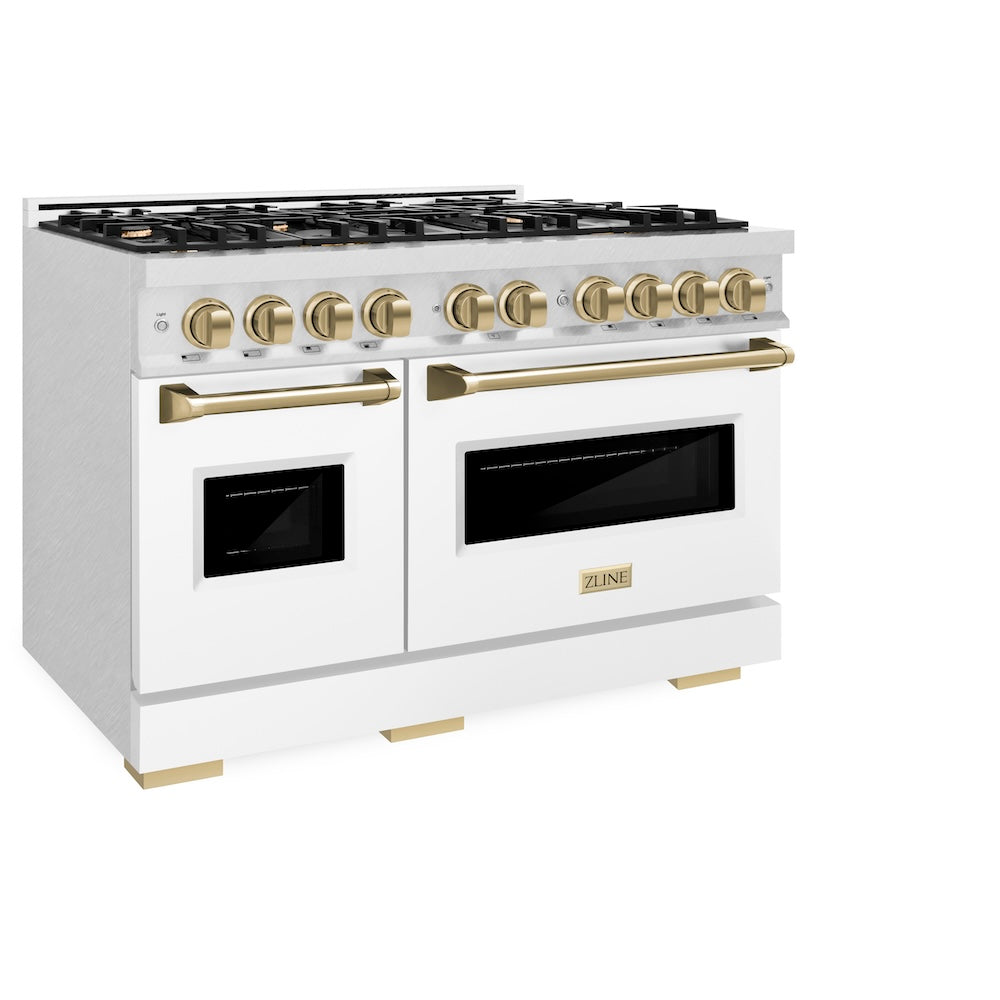 ZLINE Autograph Edition Classic 48-inch range in satin stainless steel with white matte door and champagne bronze accents CGRSZ-WM-48-CB, view 5