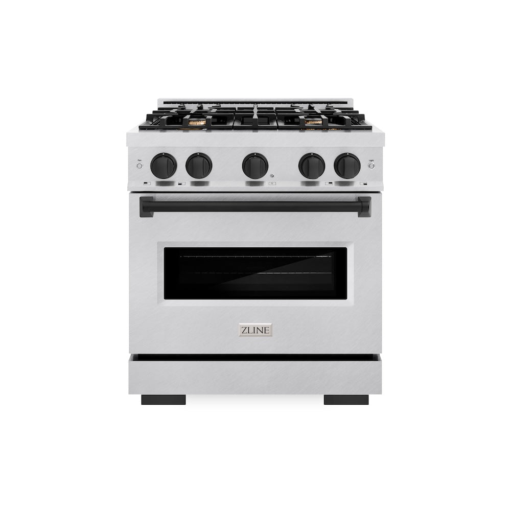 ZLINE Autograph Edition Classic 30-inch range in satin stainless steel and matte black accents CGRSZ-30-MB, front view