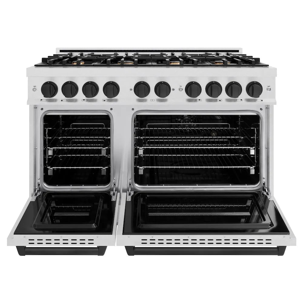 ZLINE Autograph Edition Classic 48-inch range in satin stainless steel and matte black accents CGRSZ-48-MB, front view