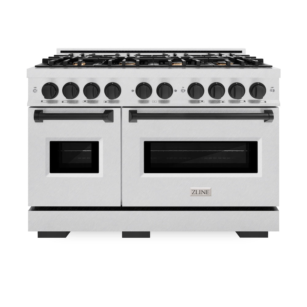 ZLINE Autograph Edition Classic 48-inch range in satin stainless steel and matte black accents CGRSZ-48-MB, front view