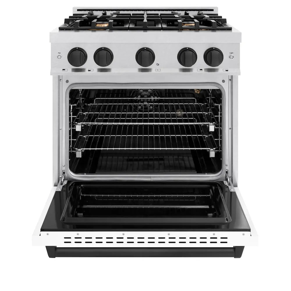ZLINE Autograph Edition Classic 30-inch range in satin stainless steel with white matte door and matte black accents CGRSZ-WM-30-MB, front view