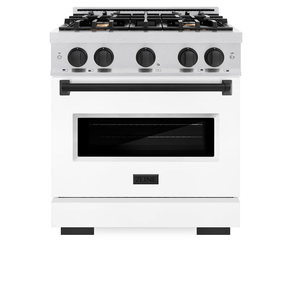 ZLINE Autograph Edition Classic 30-inch range in satin stainless steel with white matte door and matte black accents CGRSZ-WM-30-MB, front view