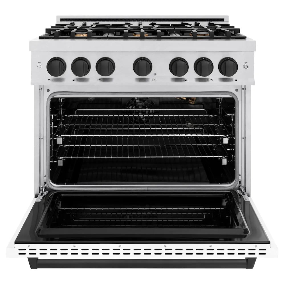 ZLINE Autograph Edition Classic 36-inch range in satin stainless steel with white matte door and matte black accents CGRSZ-WM-36-MB, front view