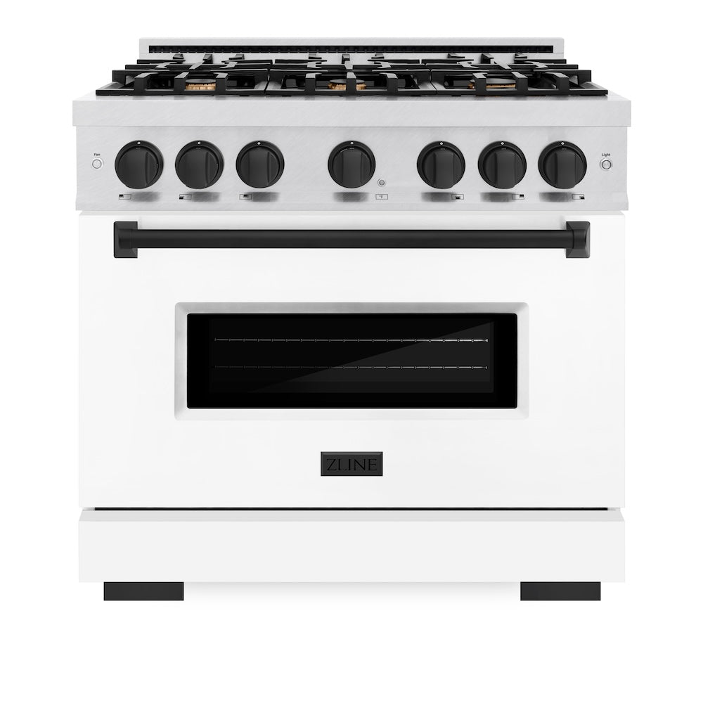ZLINE Autograph Edition Classic 36-inch range in satin stainless steel with white matte door and matte black accents CGRSZ-WM-36-MB, front view