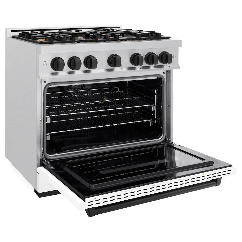 ZLINE Autograph Edition Classic 36-inch range in satin stainless steel with white matte door and matte black accents CGRSZ-WM-36-MB, door open