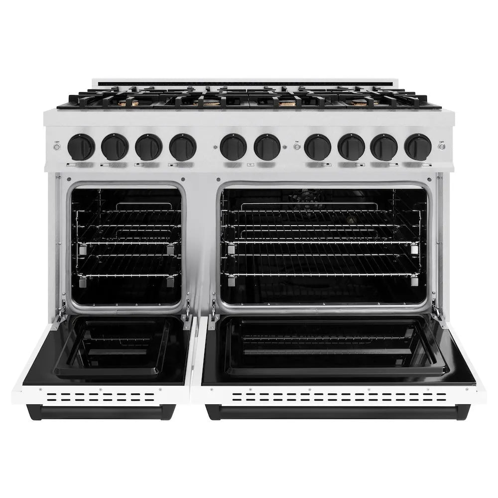 ZLINE Autograph Edition Classic 48-inch range in satin stainless steel with white matte door and matte black accents CGRSZ-WM-48-MB, front view